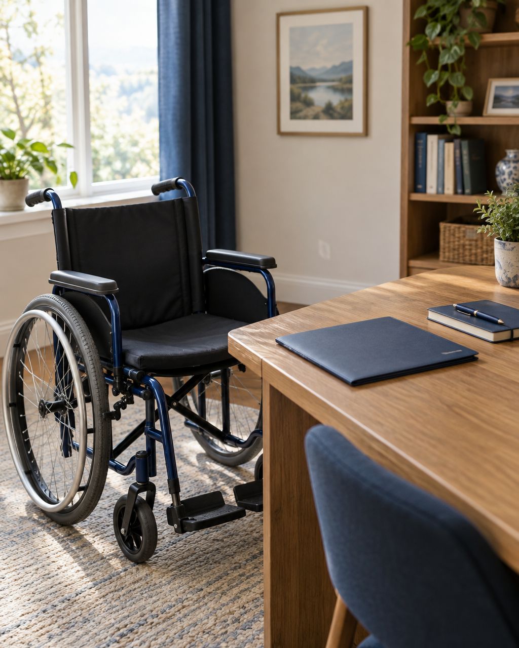 Illustrative home scene with a wheelchair beside a desk; not a client, actual care plan or firm premises.