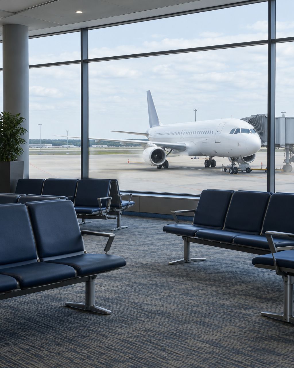 Illustrative airport lounge and passenger aircraft; not an actual injury incident or identified airline.
