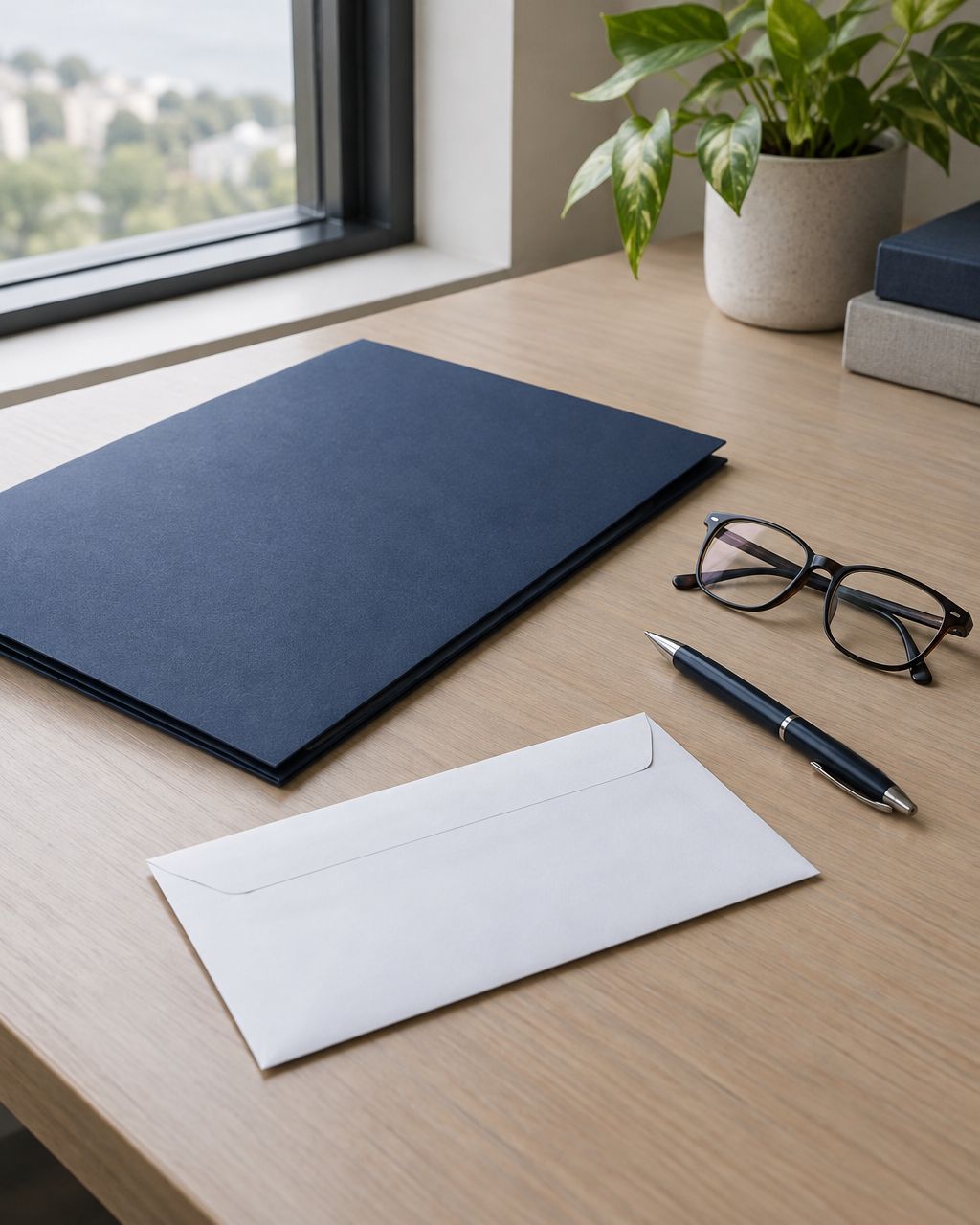 Illustrative desk scene with a navy folder, envelope and glasses; not an actual settlement document.