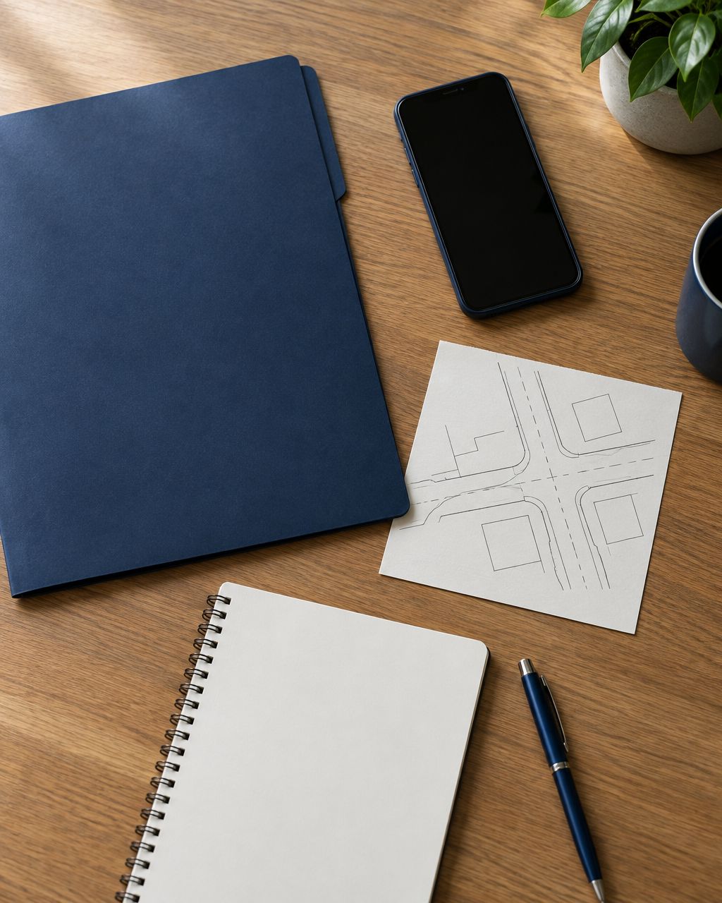 Illustrative desk scene with an accident-layout sketch, folder and phone; not evidence from an actual claim.