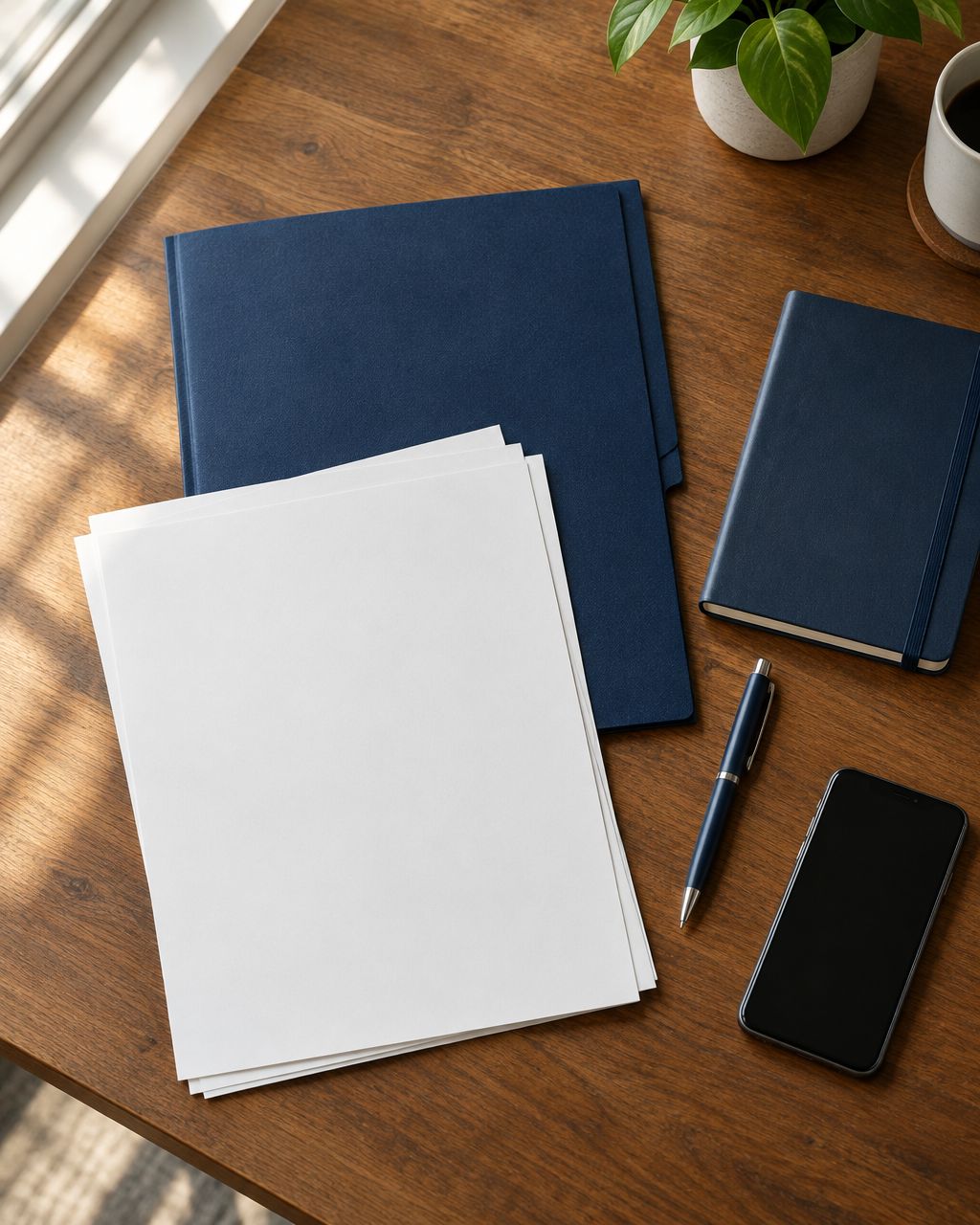 Illustrative desk scene with a folder, blank papers and notebook for consultation preparation; not client records.
